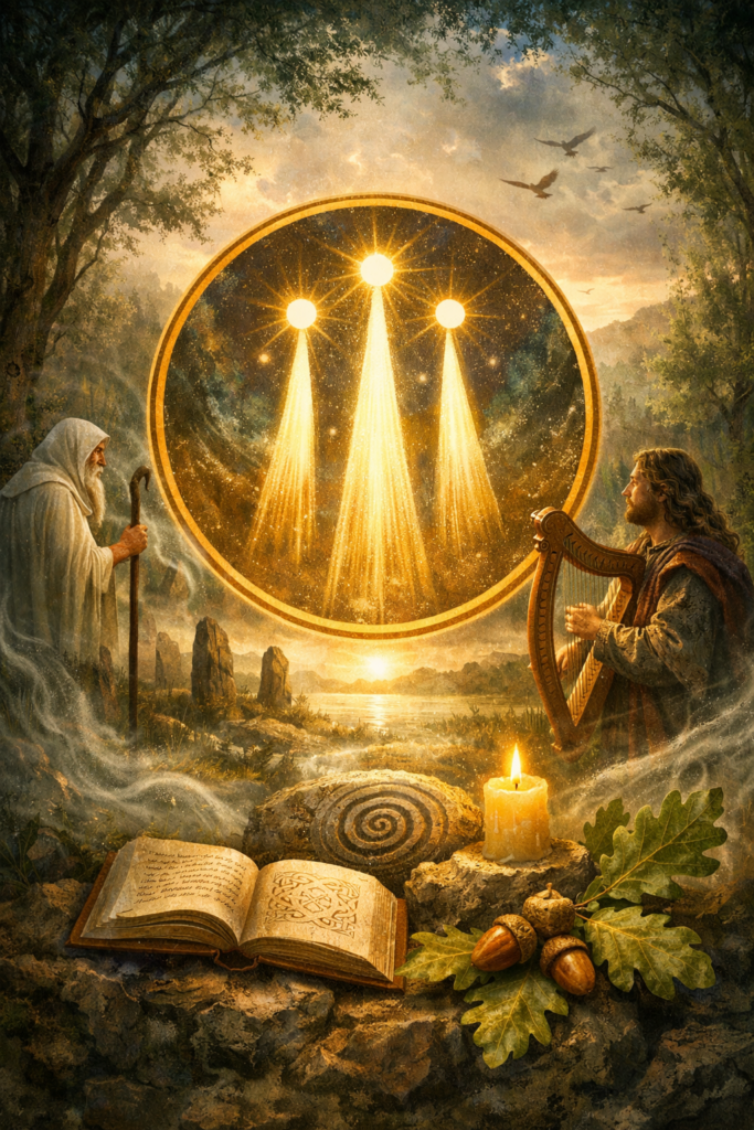 símbolo del awen con el druida Merlín y un bardo celta
